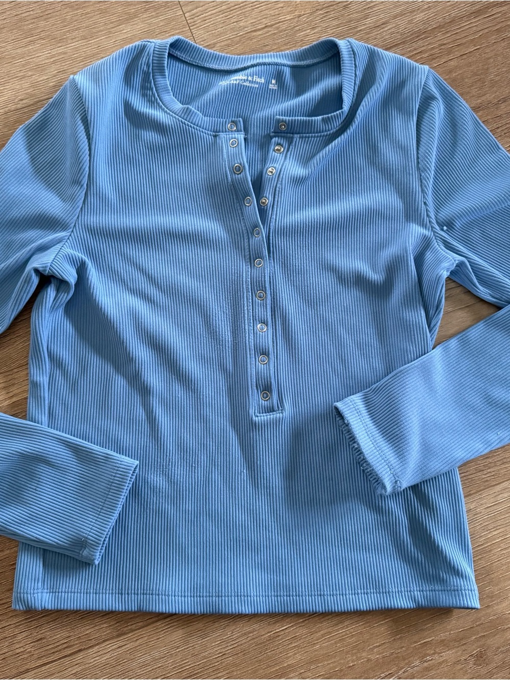 Long Sleeve Ribbed Henley Top - Light Blue - Abercrombie